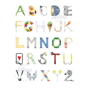 Circus Alphabet by The Letter Nest demonstrate which letters can be customized in the Circus Personalized Stationery