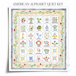 American Alphabet Quilt labeled letter key with colorful alphabetical illustrations on a white background