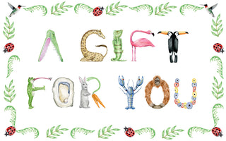 Illustrated card with animals spelling "A Gift For You" as an e-gift card from The Letter NEst