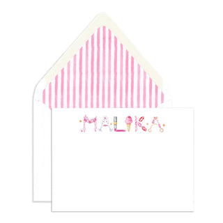 Annabel pink-themed stationery in name "Malika" with a pink stripe watercolor envelope liner