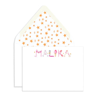 Annabel pink-themed stationery in name "Malika" with a watercolor star envelope liner
