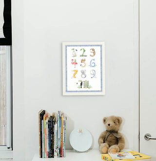 Animal Number print with blue gingham border from The Letter Nest, White Frame installed in nursery