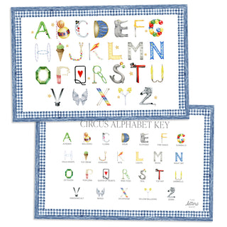 Circus Alphabet Placemat with blue gingham border and letter key on the verso of the placemat