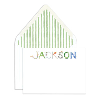 Personalized Circus Stationer by The Letter Nest in name "Jackson" against an envelope with green stripe liner