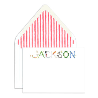 Personalized Circus Stationer by The Letter Nest in name "Jackson" against an envelope with red stripe liner