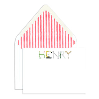 Personalized Construction Stationery by The Letter Nest in "Henry" name with envelope lined with watercolor red stripes