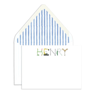 Flatlay photo of The Letter Nest's Construction Stationery with blue envelope liner