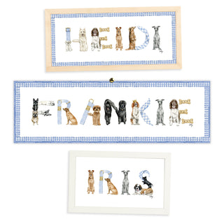 Example products of The Letter Nest's Dog Custom Name Prints shown in the names "Heidi" "Frankie" and "Iris" 