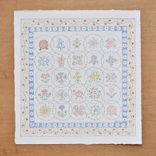 Hand-painted watercolor by Sally King McBride in the style of a Baltimore Album Quilt, where every block represents a flower in alphabetical order: from A for Anemone to Z for Zinnia
