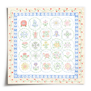 Embroidery print with floral designs in concentric circles on a white background, painted by Sally King McBride of The Letter Nest