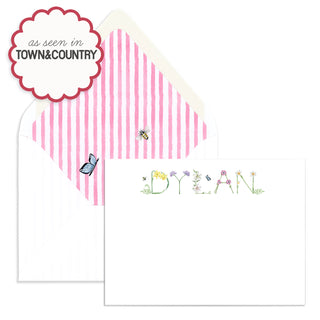 Personalized Flower Stationery by The Letter Nest in the name "Dylan" with an envelope with pink watercolor stripes and a bee and butterfly accent