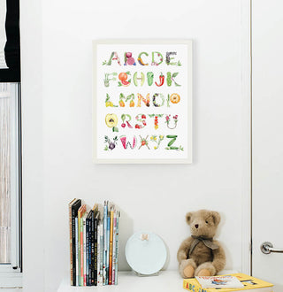 Fruits and Vegetables Alphabet from The Letter Nest, White Frame installed in nursery