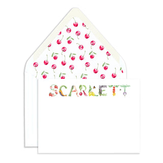 Personalized Fruits & Vegetables Stationery by The Letter Nest in name "Scarlett" with watercolor cherries envelope liner
