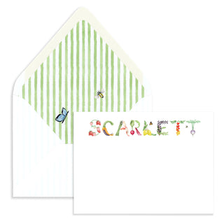 Personalized Fruits & Vegetables Stationery by The Letter Nest in name "Scarlett" with watercolor green stripe envelope liner with bee & butterfly accents