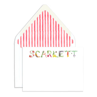 Personalized Fruits & Vegetables Stationery by The Letter Nest in name "Scarlett" with watercolor red stripe envelope liner
