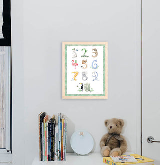 Animal Number print with green gingham border from The Letter Nest, Natural Frame installed in nursery