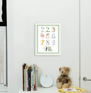 Animal Number print with green gingham border from The Letter Nest, White Frame installed in nursery