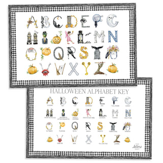 Flatlay rendering of The Letter Nest Halloween Alphabet Placemat, educational placemat for the kids table featuring Halloween letters painted and printed watercolor A to Z