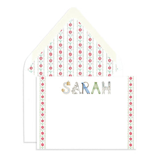 Personalized Interior Design Stationery shown with Red Floral Border  in the name "Sarah" with matching envelope with red trim liner