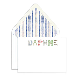 Personalized Interior Design Stationery shown in the name "Daphne" with matching envelope and blue watercolor trim liner