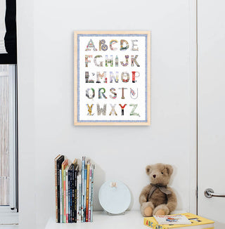 London Alphabet with blue gingham border in Natural Frame by The Letter N