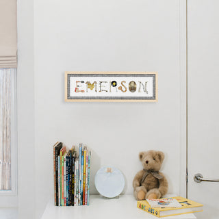 Custom Name Print in Musical Instrument Letters in name "Emerison" with black gingham border in natural frame hung up in nursery