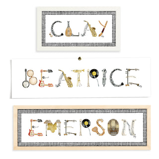 Rendering of Custom Musical Instrument Name Prints by The Letter Nest: "Clay" "Beatrice" and "Emerson" shown in different frames and border options