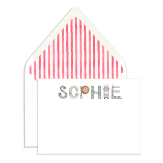 NYC Personalized Stationery by The Letter Nest in the name "Sophie" with watercolor red stripe enveloper liner