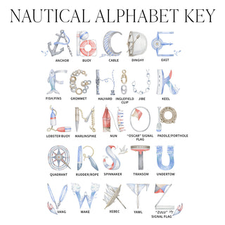 Nautical alphabet key with The Letter Nest's painted letters and their corresponding identifications on a white background
