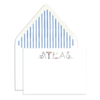 Flatlay photo of The Letter Nest's Nautical Stationery in name "Atlas" with blue envelope liner