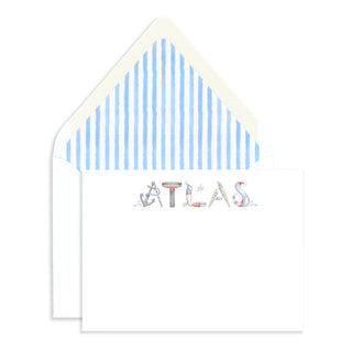Personalized Nautical Stationery in the name "Atlas" with envelope with watercolor light blue stripes liner