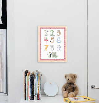 Animal Number print with red gingham border from The Letter Nest, Natural Frame installed in nursery