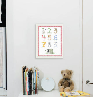 Animal Number print with redgingham border from The Letter Nest, White Frame installed in nursery