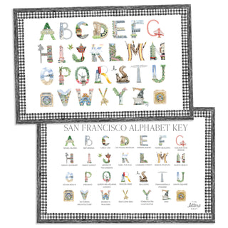 Flatlay photo of The Letter Nest's San Francisco Alphabet Placemat in black