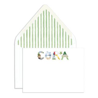 San Francisco Personalized Stationery by The Letter Nest with matching liner with green watercolor stripe envelope