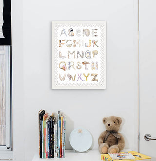 Shell Alphabet with Scallop Border, shown in a White Frame installed in nursery