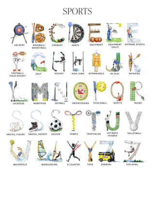 Letter Key for The Letter Nest's Sports Alphabet with each letter of the collection identified with its corresponding label, from "A" for Archey" to "Z" for Ziplining.