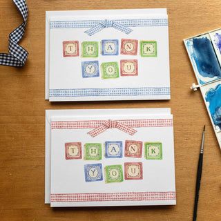 Foldover Notes by The Letter Nest spelling "Thank You" in alphabet blocks, with gingham painted ribbon