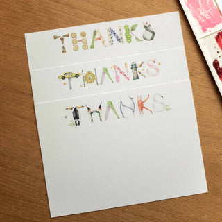 "THANKS" notes featured in letter themes of food, alphabet soup, and animals. 