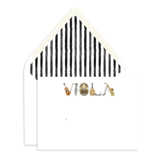 Personalized musical instrument letters stationery with a black and whtie striped envelope liners in the name "Viola"