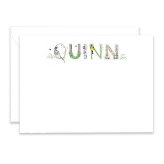 Personalized Woodland Stationery shown in the name "Quinn" with matching envelope