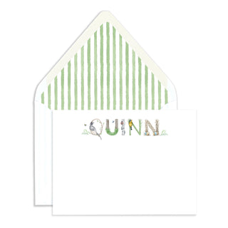 Woodland Personalized Stationery in name "Quinn" with watercolor green stripes liner