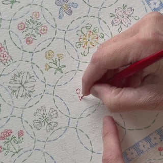 Short video of Sally King McBride painting the Flower Alphabet Embroidery 2026